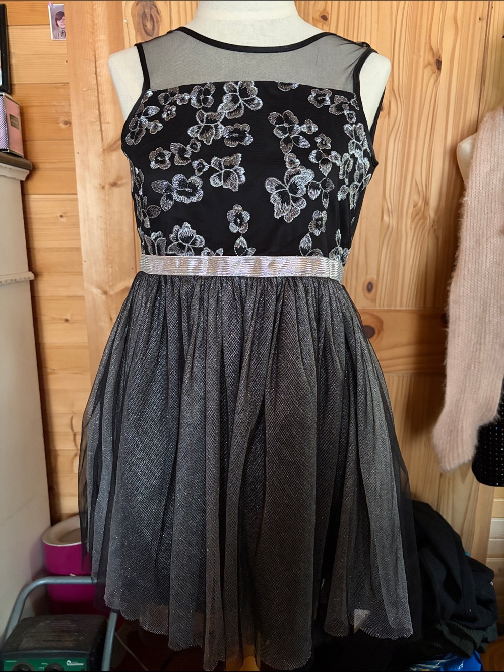 Girls size 12 dress Black & Silver Floral Mesh Party Dress -  Halloween witch?